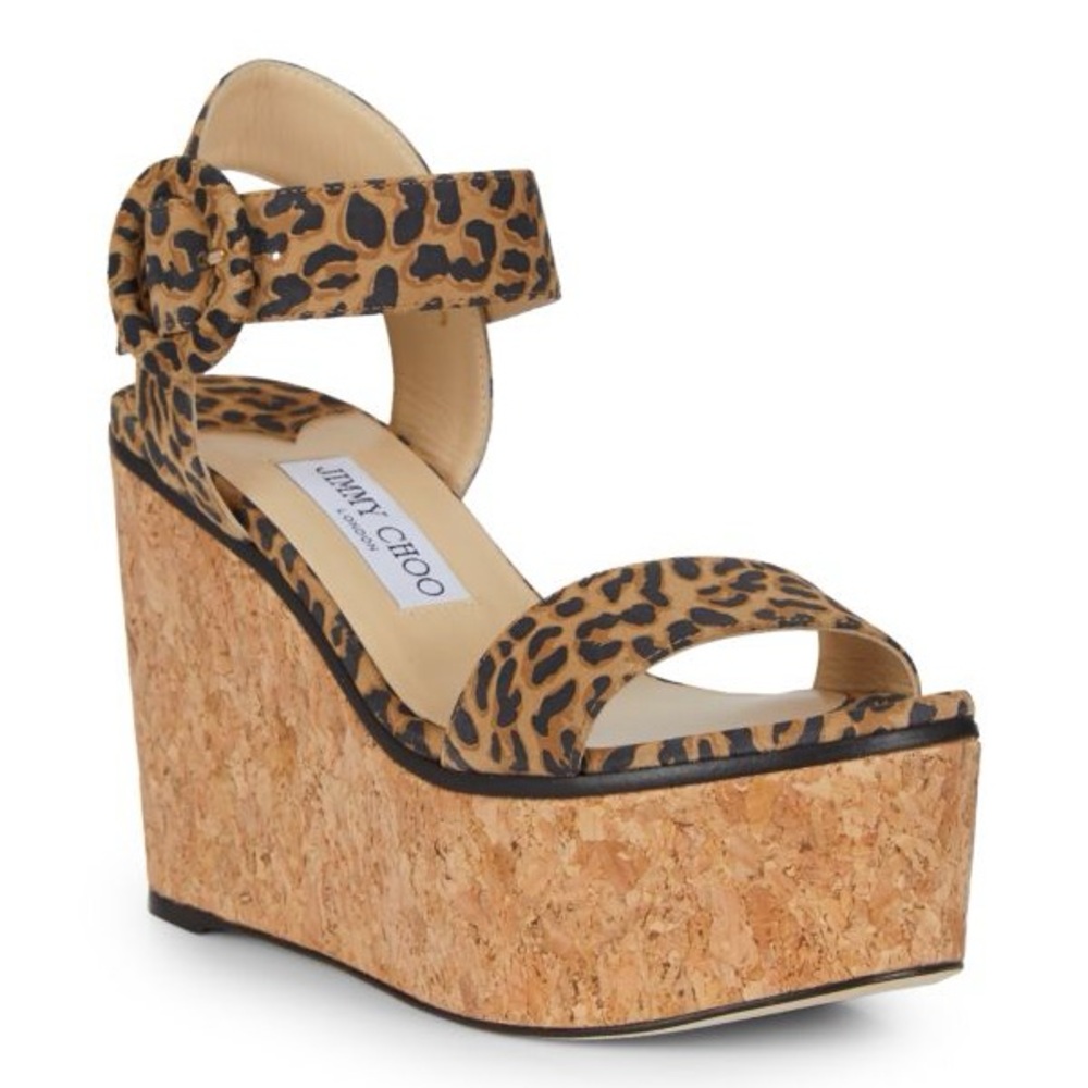 JIMMY CHOO
Abigail Leopard-Print Leather Cork Wedge Sandals
